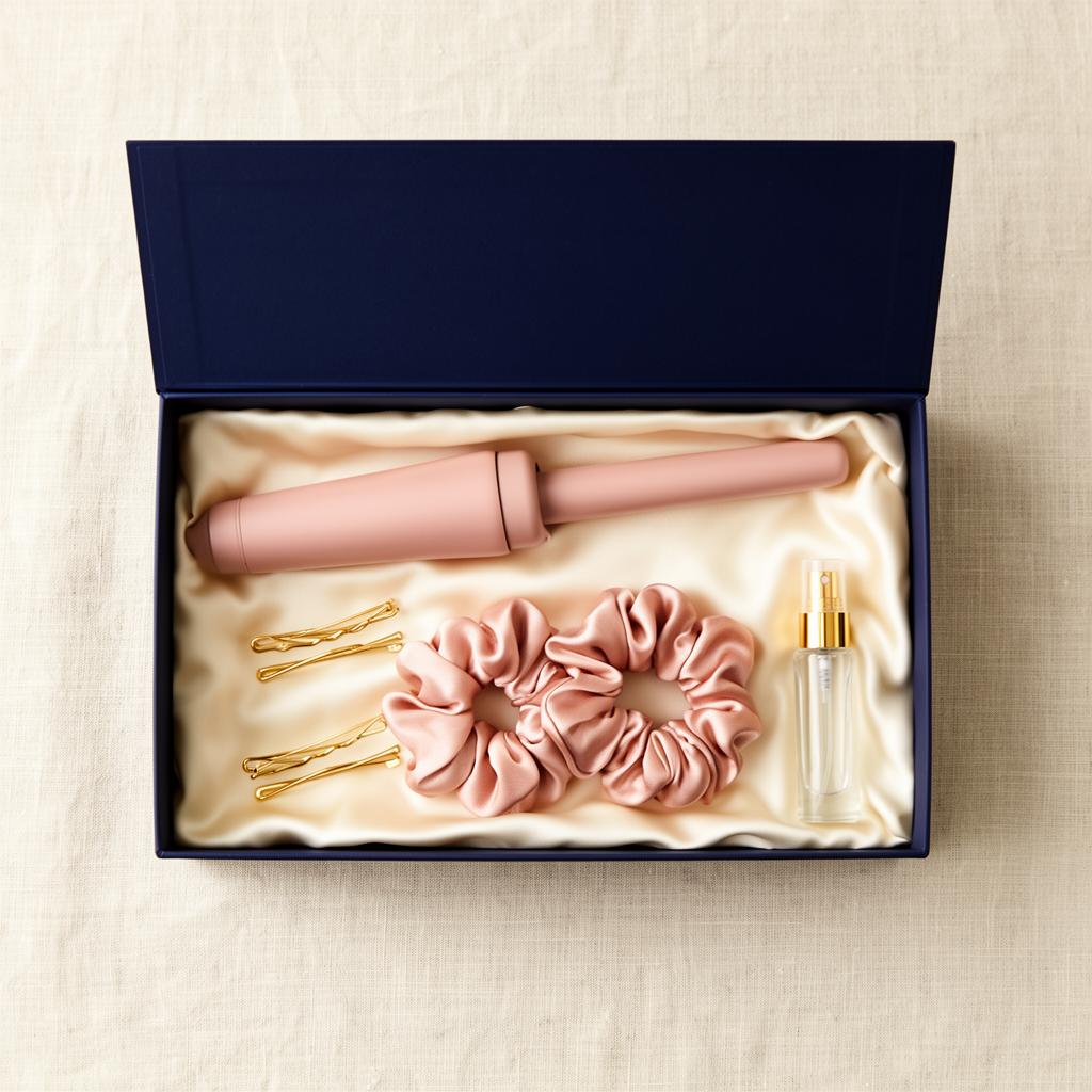 Open Bouclé maison gift box revealing the silk curling rod, scrunchies, clips, and mist atomiser on gold satin lining