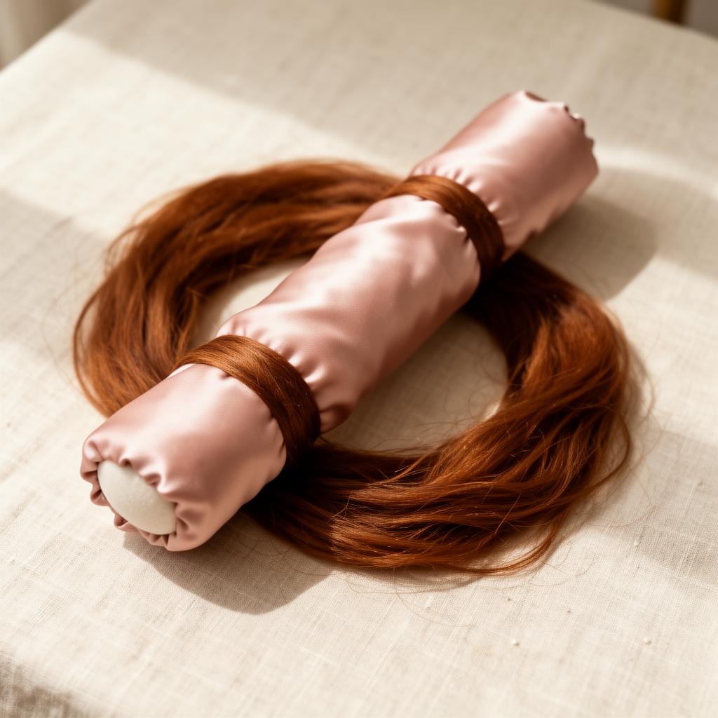 Long chestnut hair wrapped around the blush silk Bouclé curling rod on cream linen