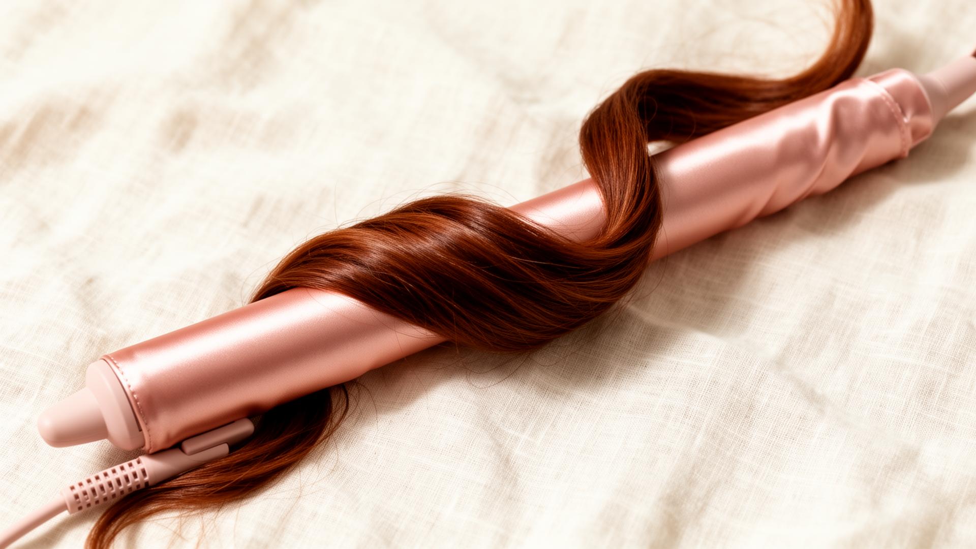 Long chestnut hair wrapped around the blush silk Bouclé curling rod on cream linen