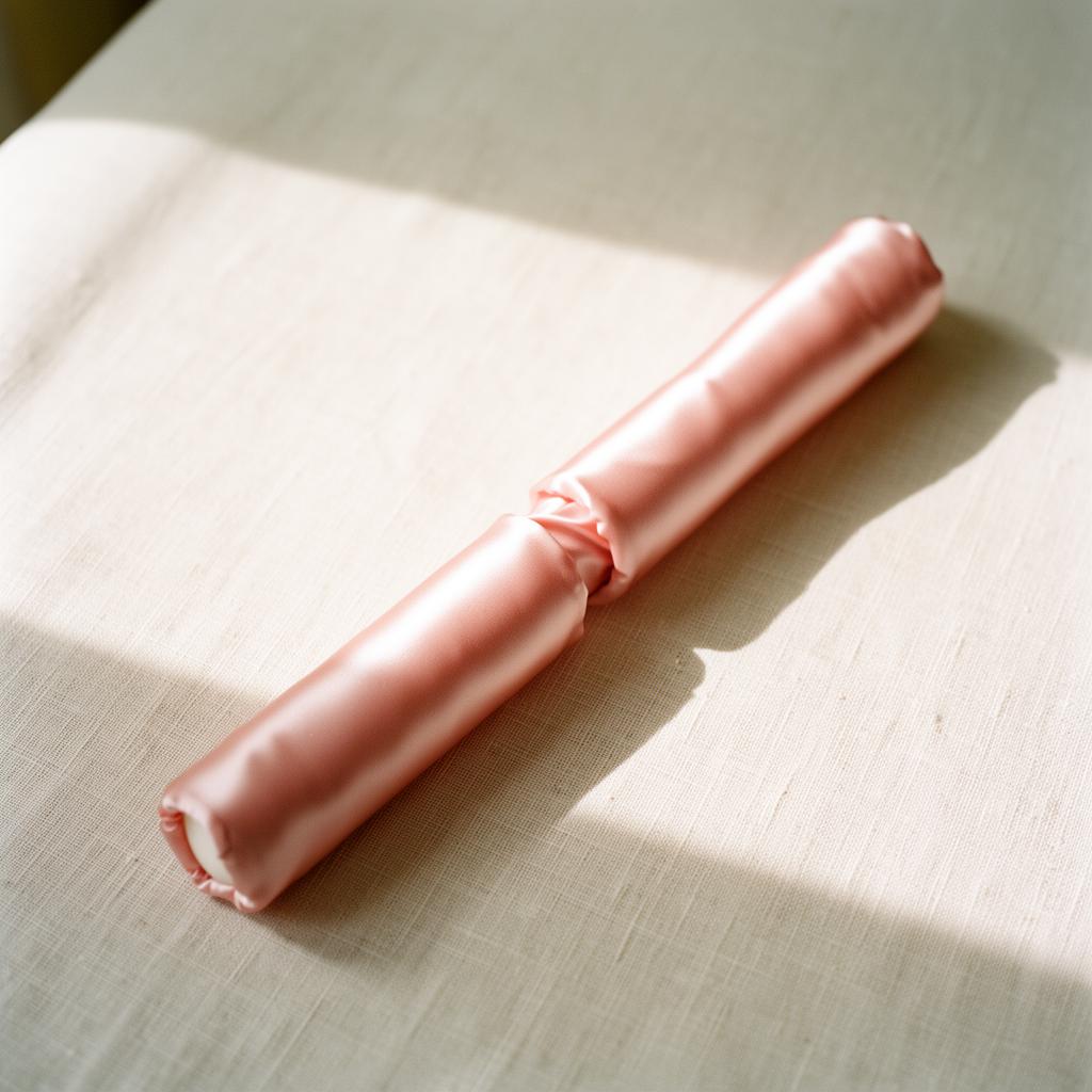 Blush silk-wrapped heatless curling rod beside a pink mulberry silk scrunchie on cream linen