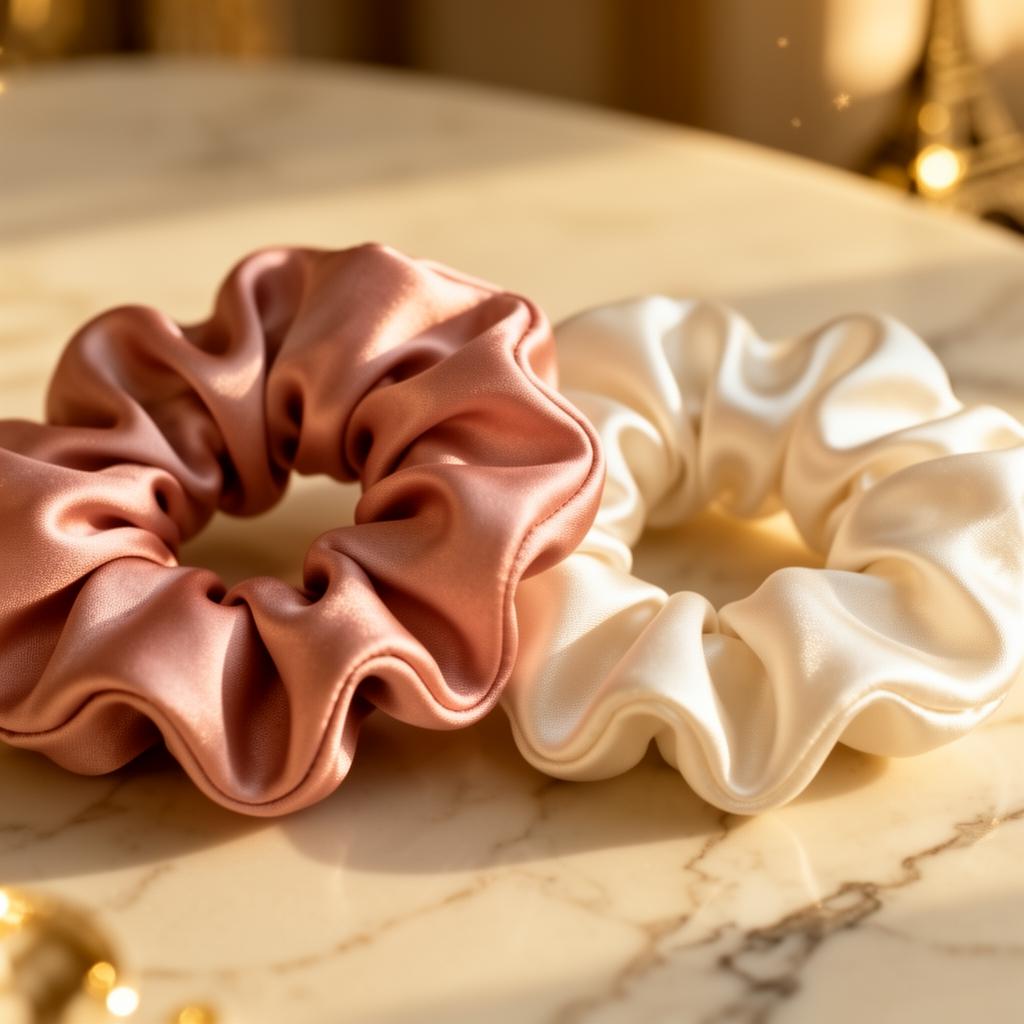 Pair of blush pink and ivory mulberry silk scrunchies on cream marble