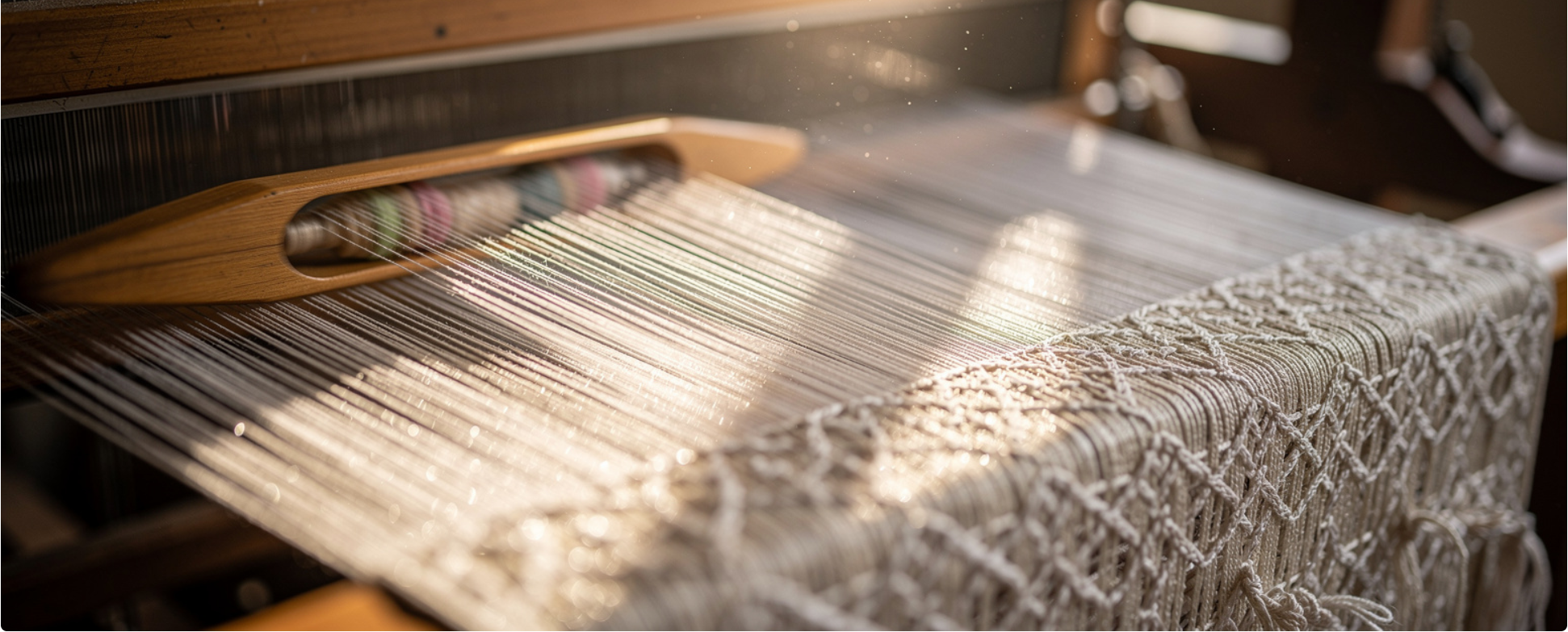 Mulberry silk being woven on a traditional wooden loom in our atelier