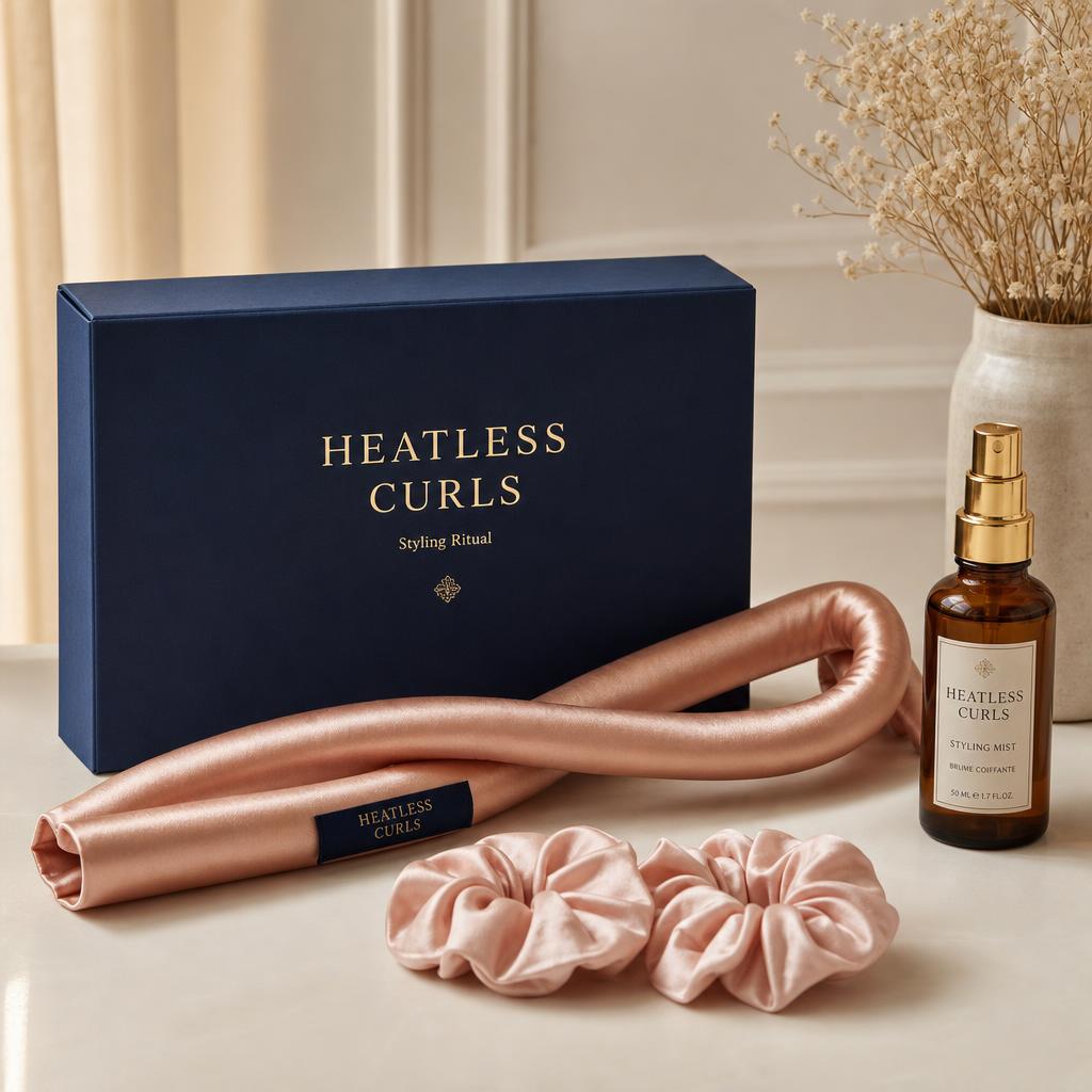 Bouclé silk heatless curling set with navy and gold box