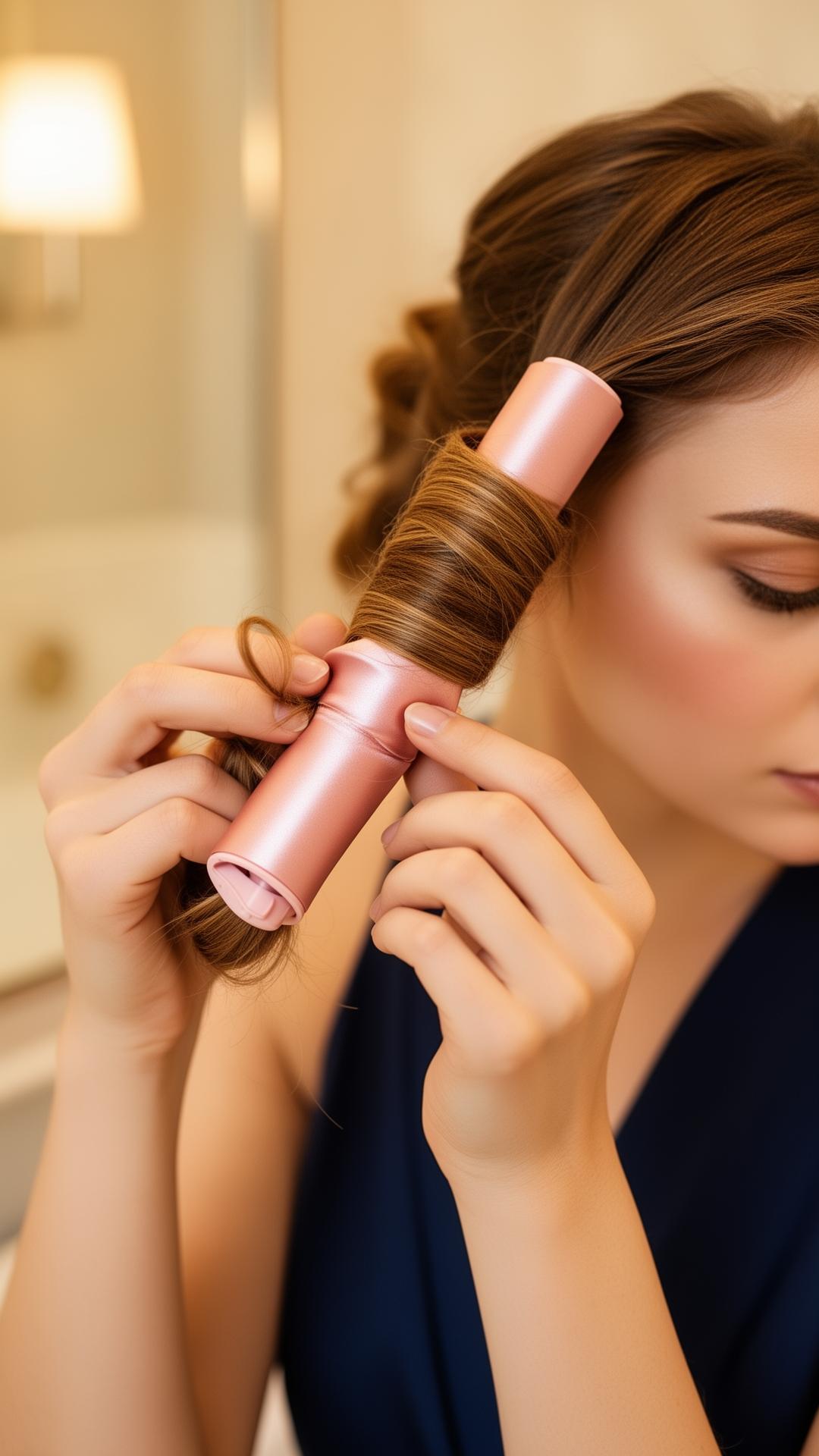 Hands wrapping hair around a blush silk curling rod